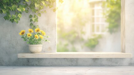 A bright, inviting scene features a pot of sunflowers on a rustic shelf surrounded by greenery, perfect for themes of nature, home decor, or relaxation in marketing materials or social media,
