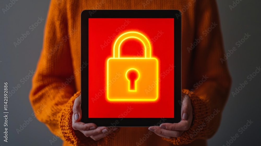 Poster a person holds a tablet displaying a glowing padlock icon on a red background, symbolizing security 
