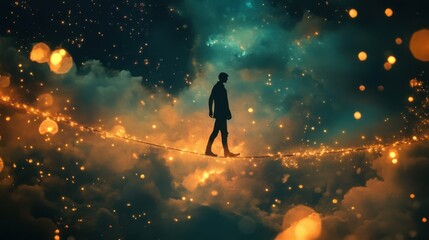 Surreal Tightrope Walker Amid Glowing Clouds