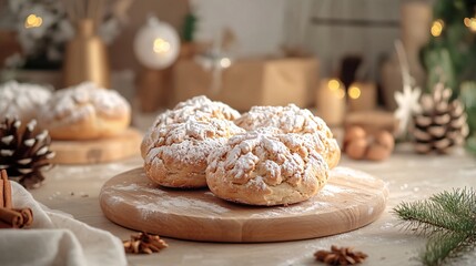 Christmas star bread cookies sprinkled with icing sugar on wooden board
