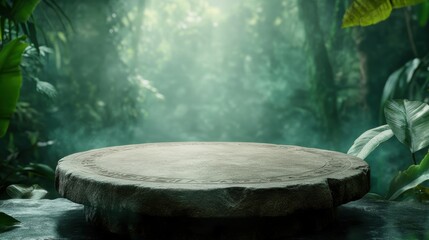 Fototapeta premium A round stone pedestal is set in a misty jungle, surrounded by lush greenery and soft light filtering through the trees, This image is perfect for themes of nature, adventure
