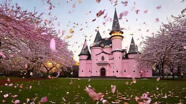 Pink Castle And Falling Flowers