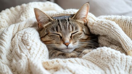 Tabby cat curled up in cozy knitted blanket in soft colors