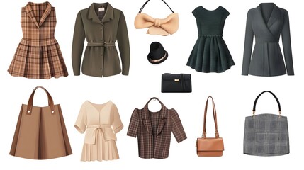 Naklejka premium A flat lay of stylish women's outfits with elegant garments and trendy accessories, featuring modern cuts and timeless designs. seasonal fashion pieces suitable for summer or winter. 