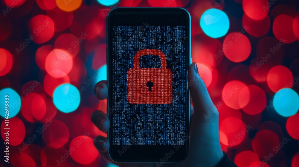 Aufkleber a hand holds a smartphone displaying a red padlock over a digital code background, symbolizing cyber