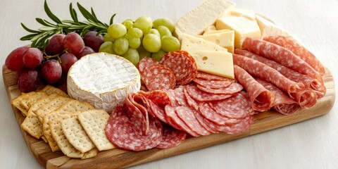 A vibrant charcuterie board featuring assorted meats, cheeses, crackers, and fresh grapes, elegantly arranged on a wooden platter.