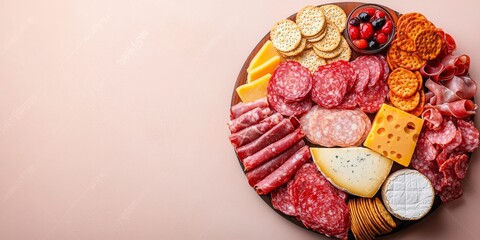 A vibrant charcuterie board features assorted meats, cheeses, crackers, and fruits, perfect for gatherings or casual snacking.