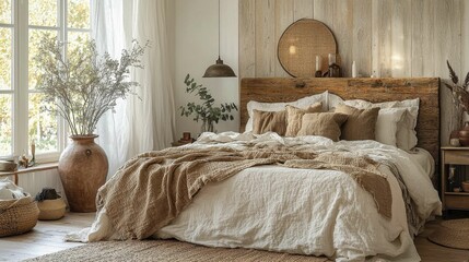 A serene and cozy bedroom featuring natural materials, soft textures, and neutral tones. The space exudes a minimalist aesthetic with Japanese influences.