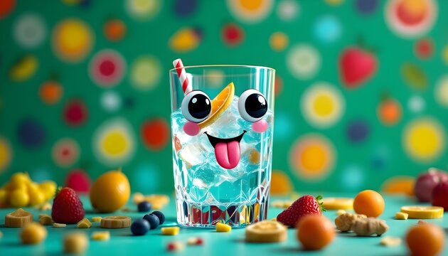 Fun Drink with Fruit and Kawaii Face in Glass