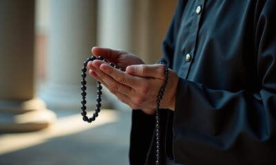 Prayer beads hands holding rosary soft lighting contemplative