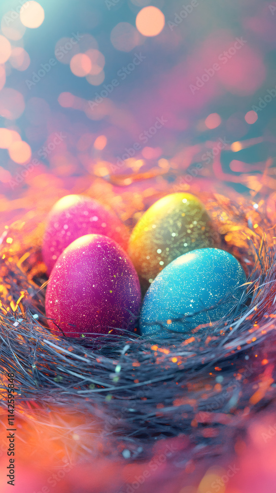 Poster Four colorful glittery easter eggs nestled in a soft hay nest, creating a festive and magical easter scene with sparkling bokeh lights in the background