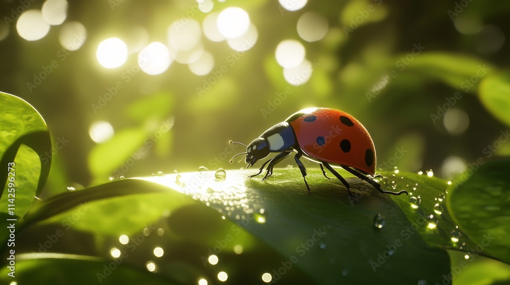 Poster ladybug on leaf with dew drops in bright green environment