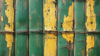 Weathered Green And Yellow Painted Bamboo Wall