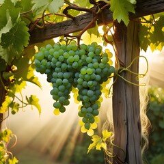 juicy bunches of green grapes hanging from the vine