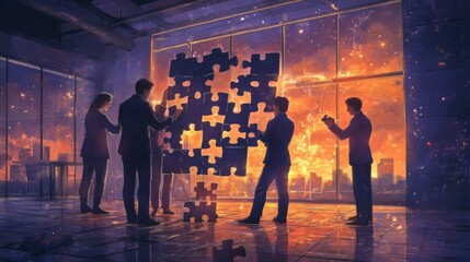 Team Collaboration on a Giant Jigsaw Puzzle Illustration