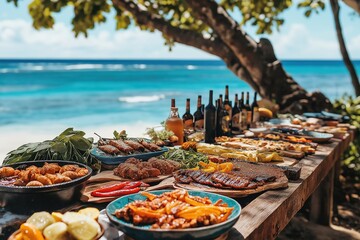 Hawaiian summer cookout featuring delicious BBQ dishes with a stunning ocean view