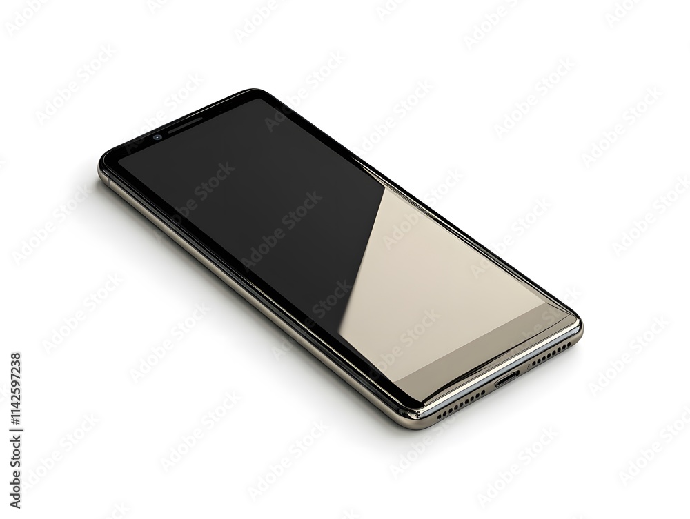Poster modern smartphone with sleek design and reflection on glass surface, isolated on white background, p