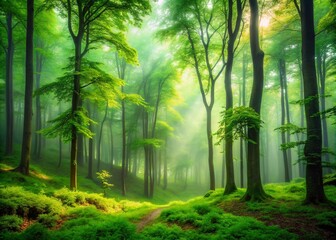Fototapeta premium Foggy Green Forest Long Exposure Photography - Overcast Nature Scene, Misty Woodland, Green Trees, Atmospheric Landscape