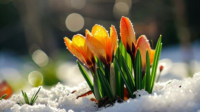 Bright orange crocuses bloom amidst melting snow in early spring