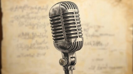 Fototapeta premium Vintage microphone on aged sheet music background.