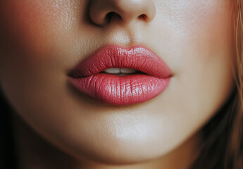 Obraz premium Close-up view of full lips showcasing a bold lipstick color and smooth texture
