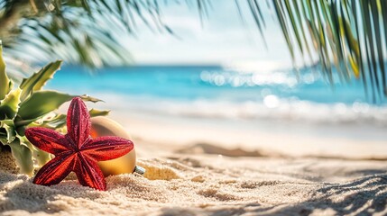 Christmas ball and starfish resting on a tropical beach with palm trees