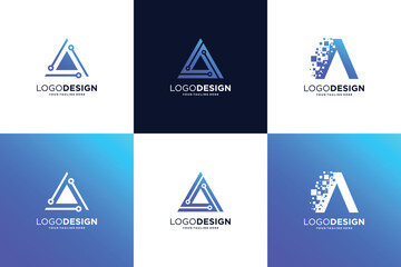 Set of letter A logo design with technology concept