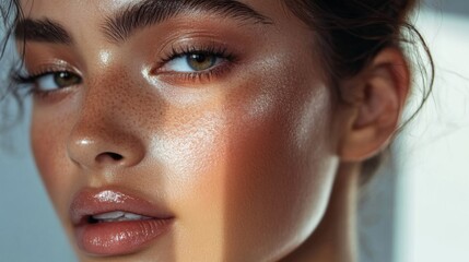 Fototapeta premium Close-Up Portrait of a Woman with Radiant Skin and Natural Beauty