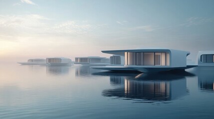 A futuristic floating city with sleek buildings above a calm ocean