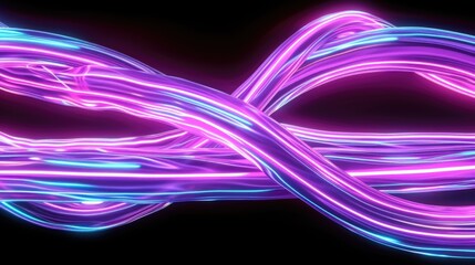 Glowing intertwined neon tubes on black background with pink and blue light