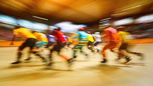 A spirited roller derby match in a vibrant indoor track, where skaters in colorful gear battle for control of the jammer with speed and strategy. The fast-paced action, protective gear, and 