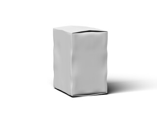 Rendered image of a small white rectangular dented box on a light background