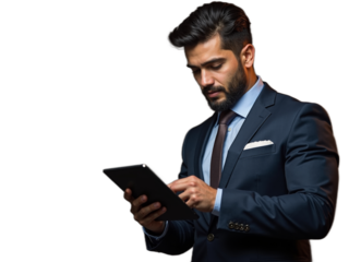 Professional man in suit using tablet for business communication on isolated white background