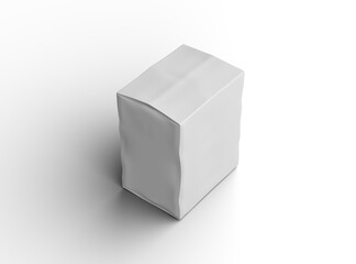 Rendered image of a small white rectangular dented box on a light background