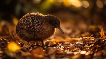 A young kiwi bird foraging amidst autumn leaves in dappled sunlight.