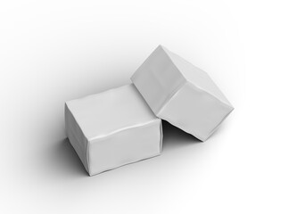 Rendered image of a small white rectangular dented box on a light background