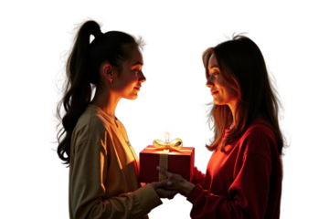 Lesbian couple, meaningful gift exchange during a special occasion on an isolated white background