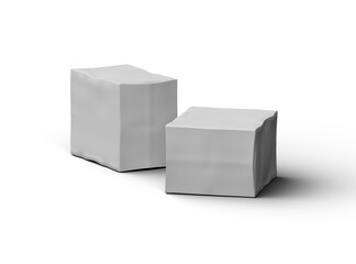 Rendered image of a small white rectangular dented box on a light background