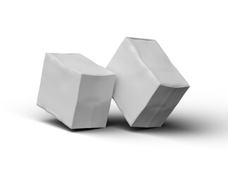 Rendered image of a small white rectangular dented box on a light background