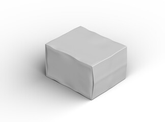 Rendered image of a small white rectangular dented box on a light background