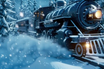 Fototapeta premium Vintage steam train traveling through snowy forest at night