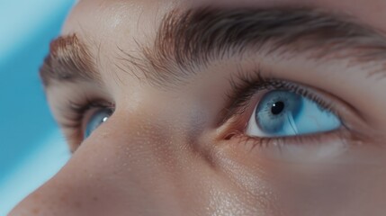 Close-up of a young Caucasian male's blue eyes looking upward