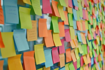 Colorful sticky notes covering wall in creative office space