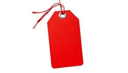 A vibrant red tag featuring a smooth surface and a secure tie, perfect for labeling items and enhancing organization. Isolated on transparent background, png.