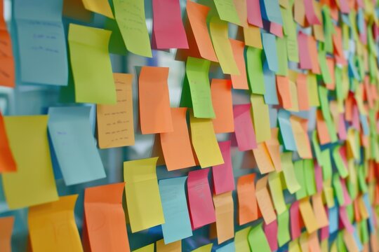 Colorful sticky notes covering wall in creative office space