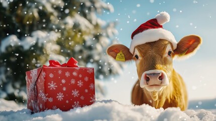 Brown cow wearing red Santa cap surrounded by snow covered trees on a snowy background