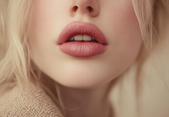 Fototapeta premium Close-up of beautifully defined lips showcasing soft makeup and natural lighting in a serene setting