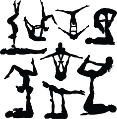 Set of silhouettes of man and woman in various acroyoga positions