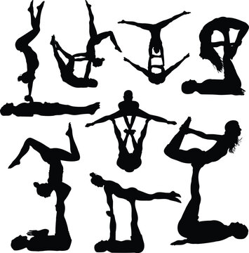 Set of silhouettes of man and woman in various acroyoga positions