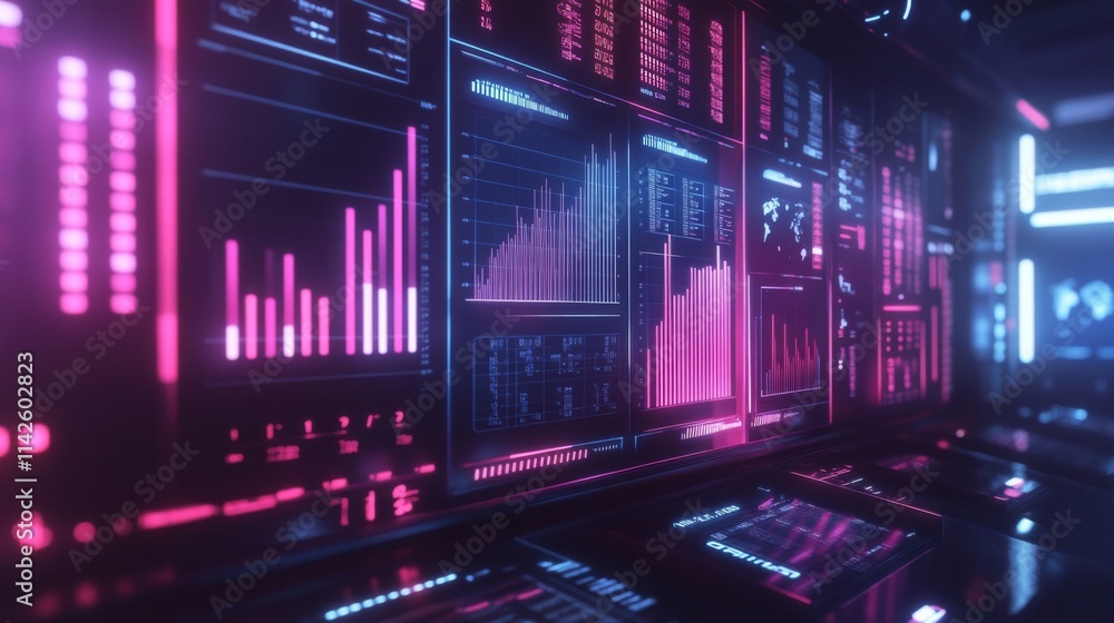 Poster futuristic digital dashboard with graphs and data visualizations